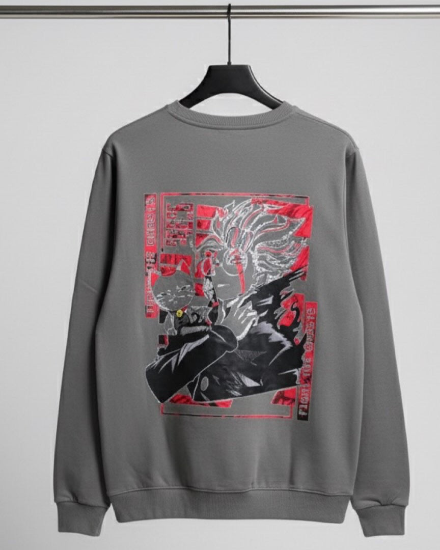 Grey Anime Character Back Print Crewneck Sweatshirt
